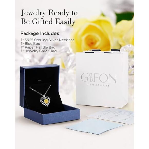 BRAND NEW ~ Sterling Silver Necklace Heart Love Citrine Cubic Zirconia Pendant - Picture 4 of 4